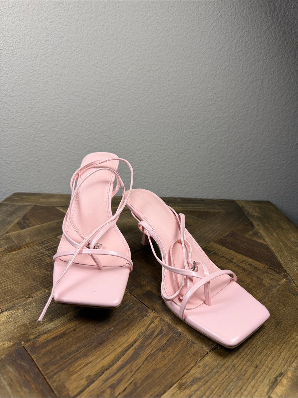 Size 11 ZBY Strappy Square-Toe Pink Heels with Wrap-Around Ankle Ties